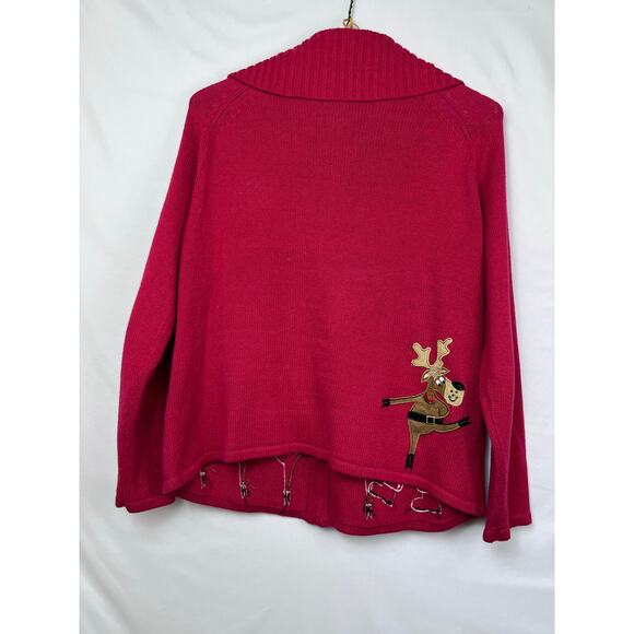 Tiara International Women's Large Red Christmas Reindeer Zip Front Cardigan - Picture 7 of 7